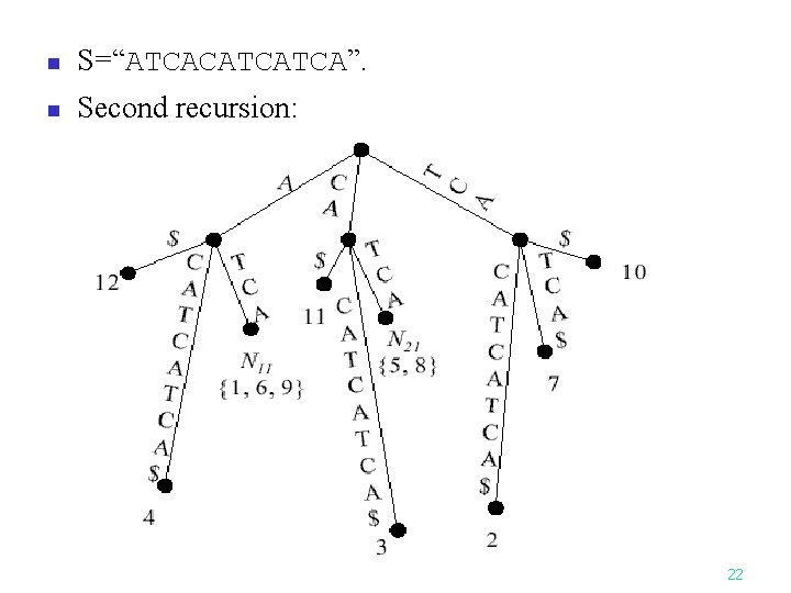 n S=“ATCACATCATCA”. n Second recursion: 22 