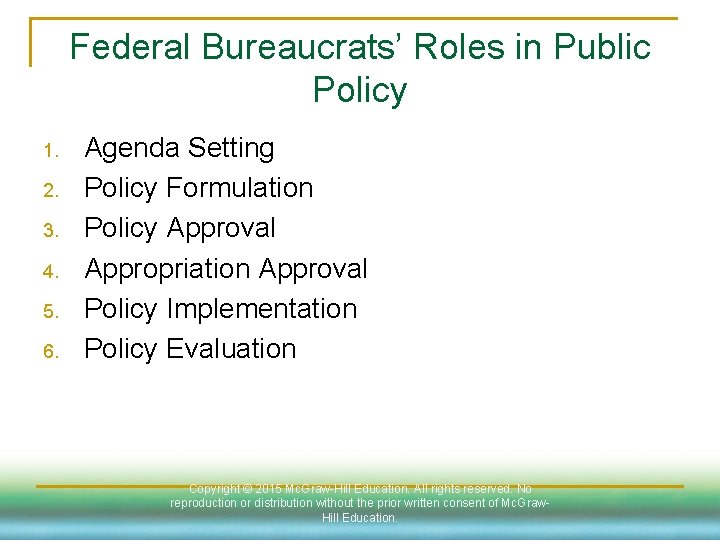Federal Bureaucrats’ Roles in Public Policy 1. 2. 3. 4. 5. 6. Agenda Setting