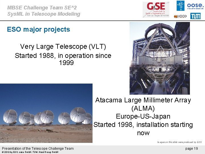 MBSE Challenge Team SE^2 Sys. ML in Telescope Modeling ESO major projects Very Large