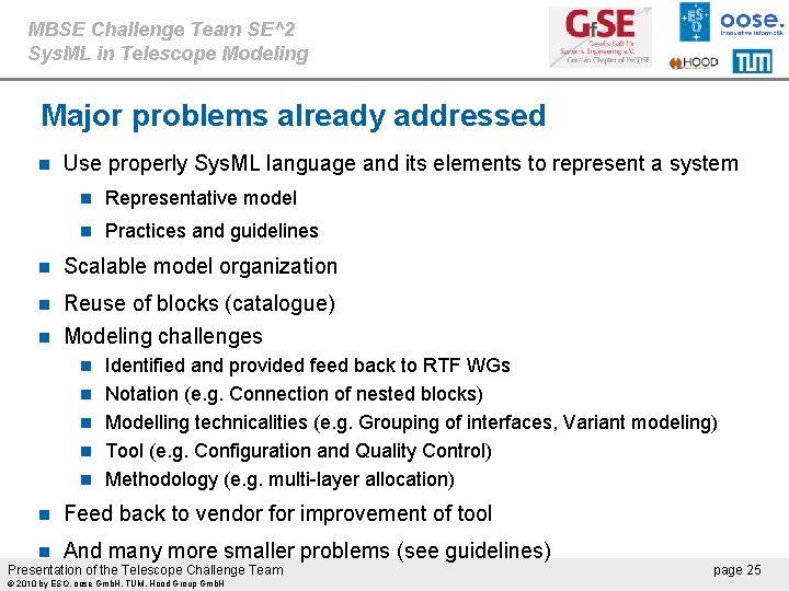 MBSE Challenge Team SE^2 Sys. ML in Telescope Modeling Major problems already addressed n