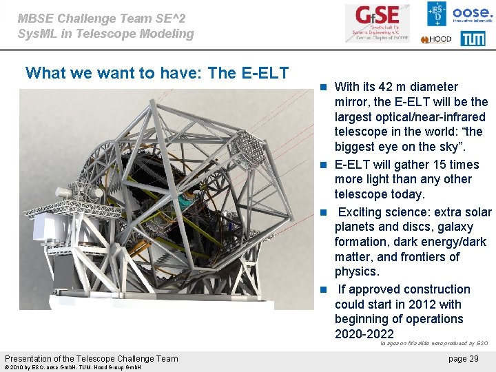 MBSE Challenge Team SE^2 Sys. ML in Telescope Modeling What we want to have: