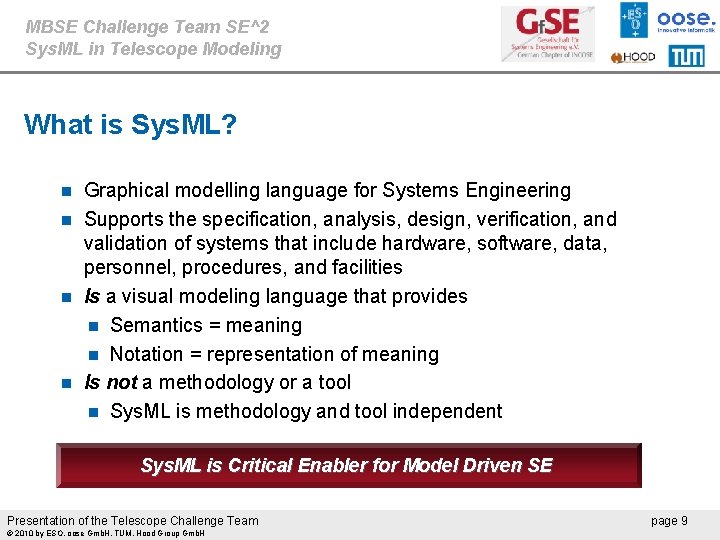 MBSE Challenge Team SE^2 Sys. ML in Telescope Modeling What is Sys. ML? Graphical