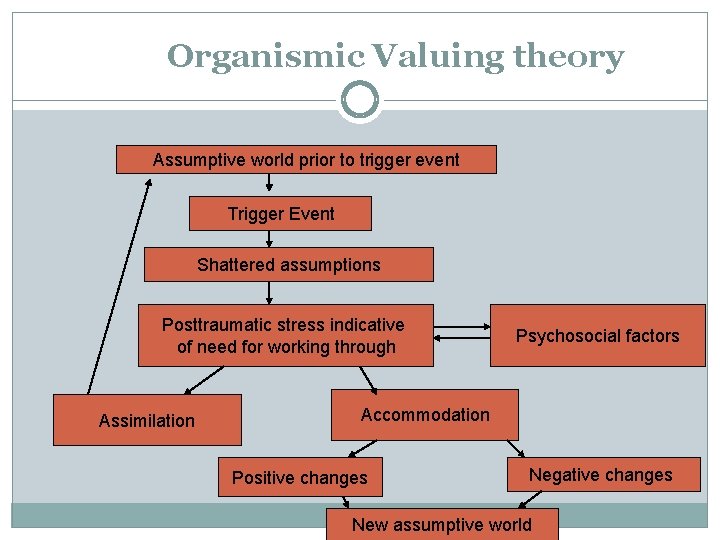 Organismic Valuing theory Assumptive world prior to trigger event Trigger Event Shattered assumptions Posttraumatic