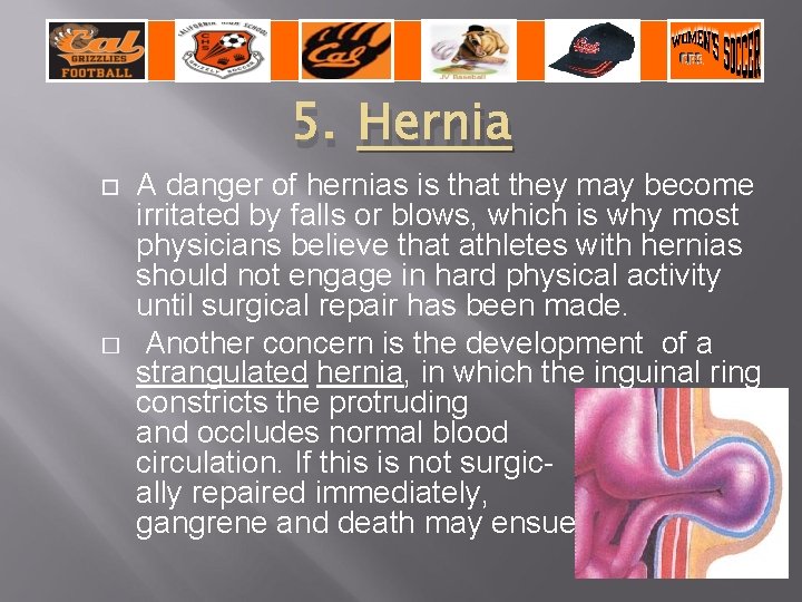 5. Hernia � A danger of hernias is that they may become irritated by
