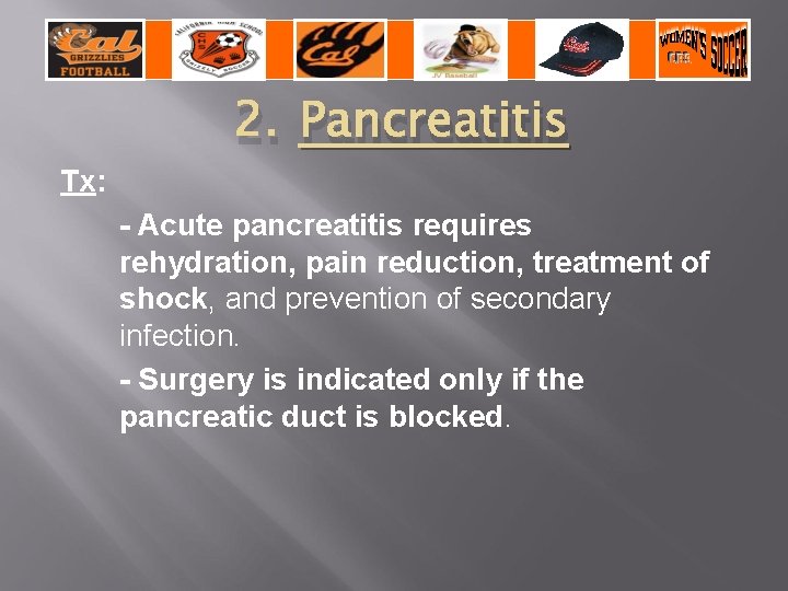 Tx: 2. Pancreatitis - Acute pancreatitis requires rehydration, pain reduction, treatment of shock, and