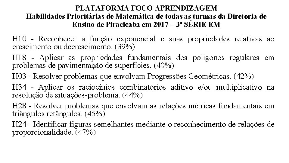 PLATAFORMA FOCO APRENDIZAGEM Habilidades Prioritárias de Matemática de todas as turmas da Diretoria de