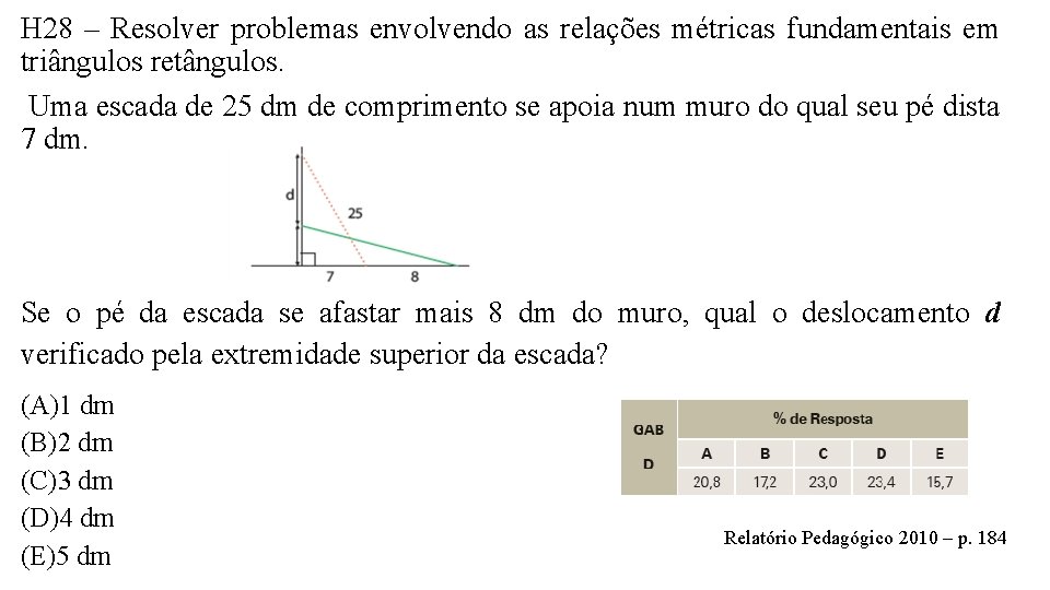 H 28 – Resolver problemas envolvendo as relações métricas fundamentais em triângulos retângulos. Uma