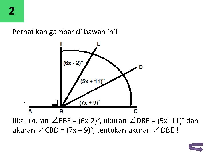 2 Perhatikan gambar di bawah ini! Jika ukuran ∠EBF = (6 x-2)°, ukuran ∠DBE