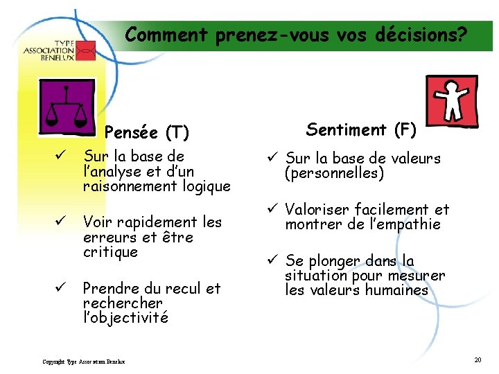 Comment prenez-vous vos décisions? Pensée (T) ü ü ü Sur la base de l’analyse