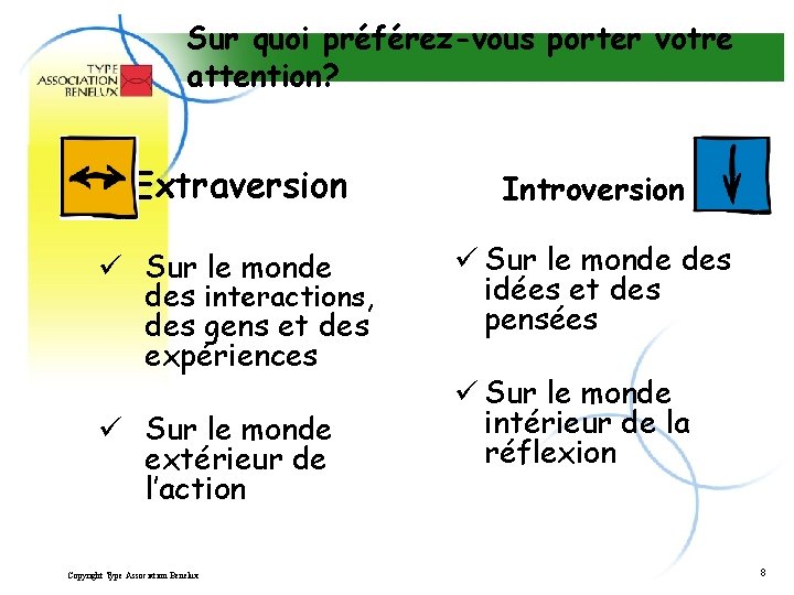 Sur quoi préférez-vous porter votre attention? Extraversion Introversion ü Sur le monde des interactions,