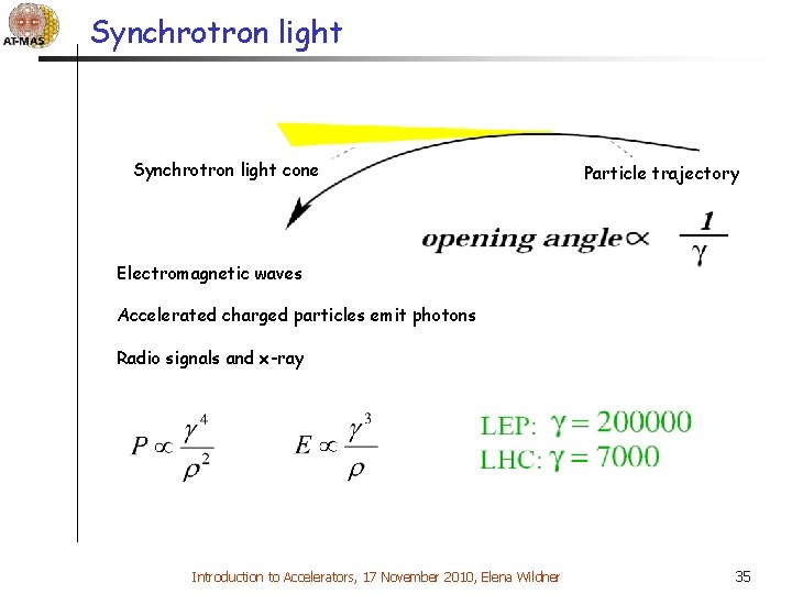 Synchrotron light cone Particle trajectory Electromagnetic waves Accelerated charged particles emit photons Radio signals