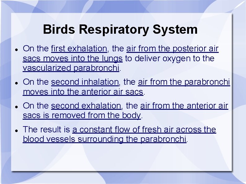 Birds Respiratory System On the first exhalation, the air from the posterior air sacs