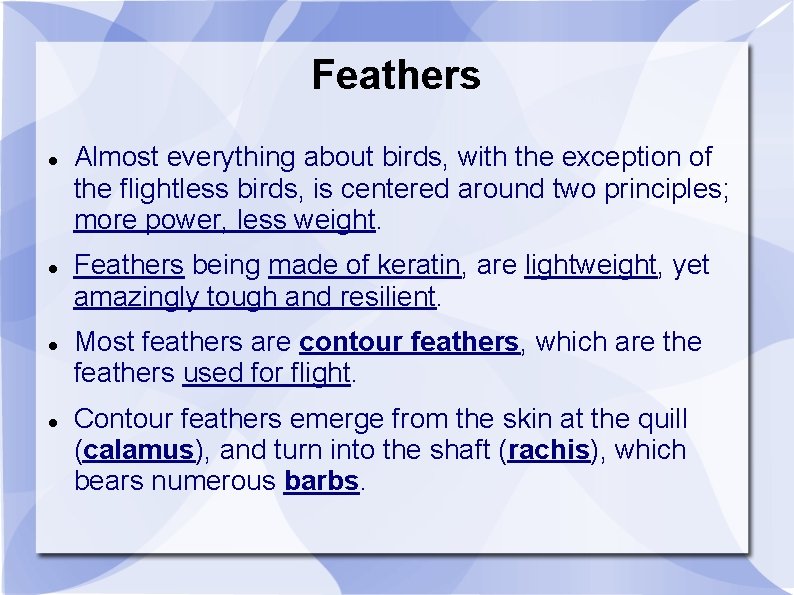 Feathers Almost everything about birds, with the exception of the flightless birds, is centered