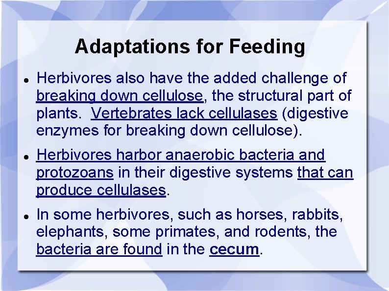 Adaptations for Feeding Herbivores also have the added challenge of breaking down cellulose, the
