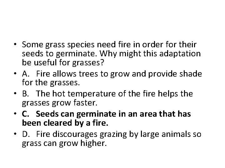  • Some grass species need fire in order for their seeds to germinate.