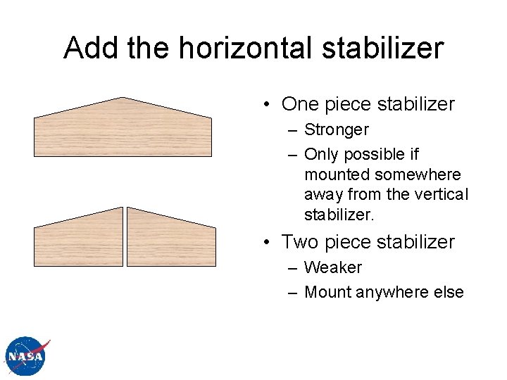 Add the horizontal stabilizer • One piece stabilizer – Stronger – Only possible if