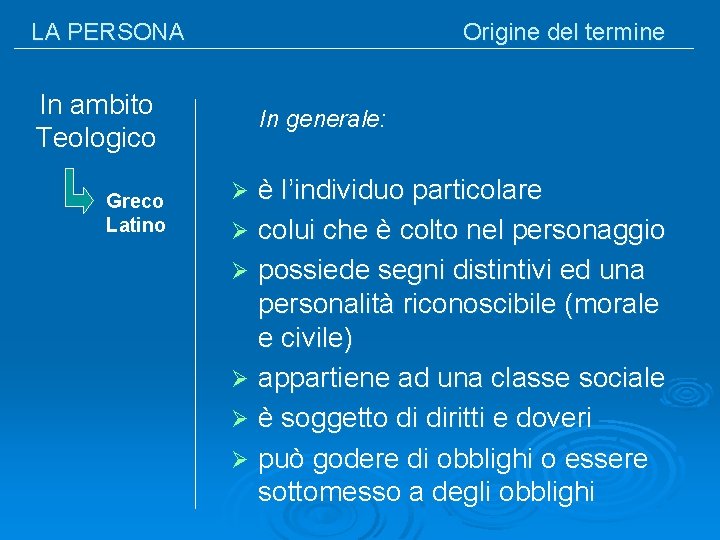 LA PERSONA Origine del termine In ambito Teologico Greco Latino In generale: è l’individuo