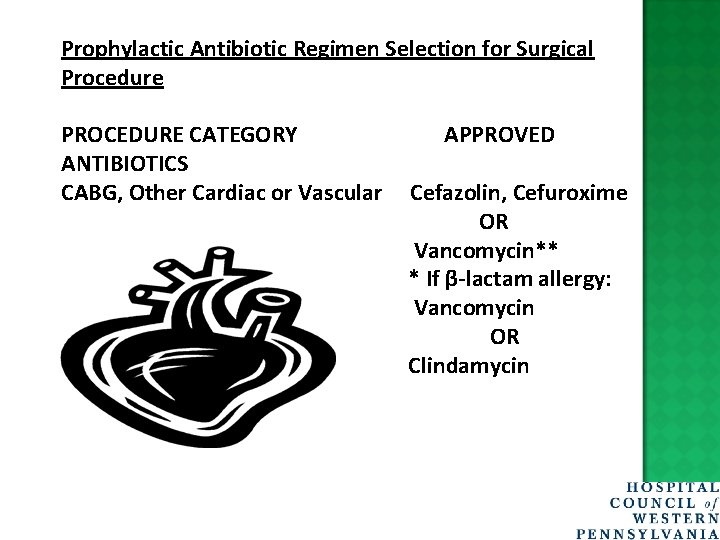 Prophylactic Antibiotic Regimen Selection for Surgical Procedure PROCEDURE CATEGORY ANTIBIOTICS CABG, Other Cardiac or