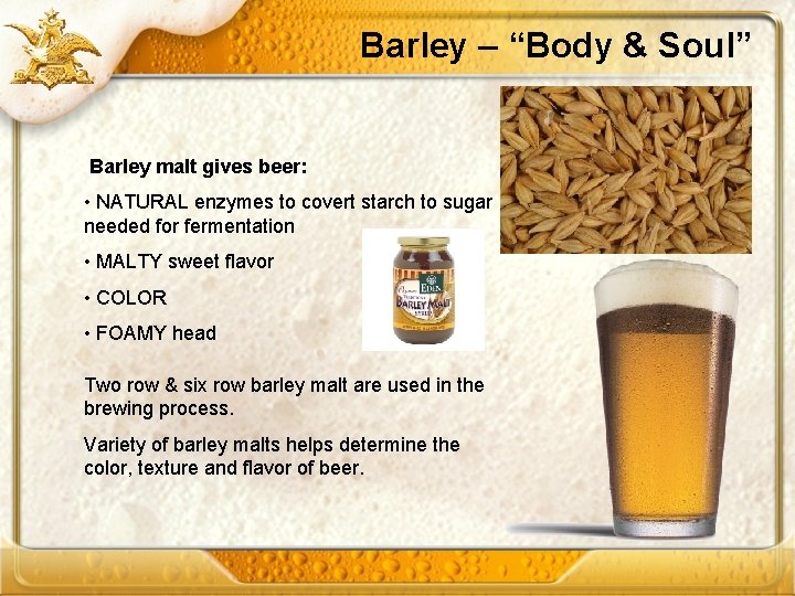 Barley – “Body & Soul” Barley malt gives beer: • NATURAL enzymes to covert