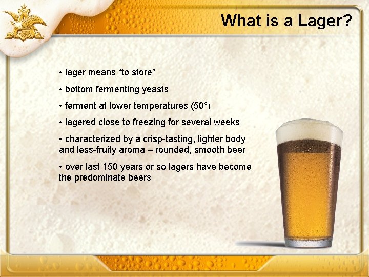 What is a Lager? • lager means “to store” • bottom fermenting yeasts •