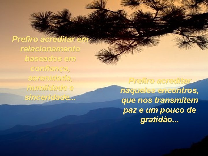 Prefiro acreditar em relacionamento baseados em confiança, serenidade, humildade e sinceridade. . . Prefiro