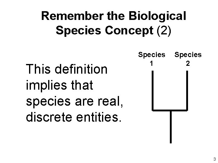 Remember the Biological Species Concept (2) This definition implies that species are real, discrete
