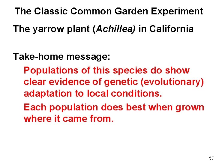 The Classic Common Garden Experiment The yarrow plant (Achillea) in California Take-home message: Populations