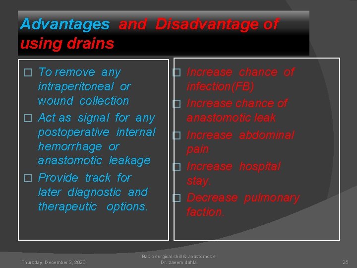 Advantages and Disadvantage of using drains To remove any intraperitoneal or wound collection �
