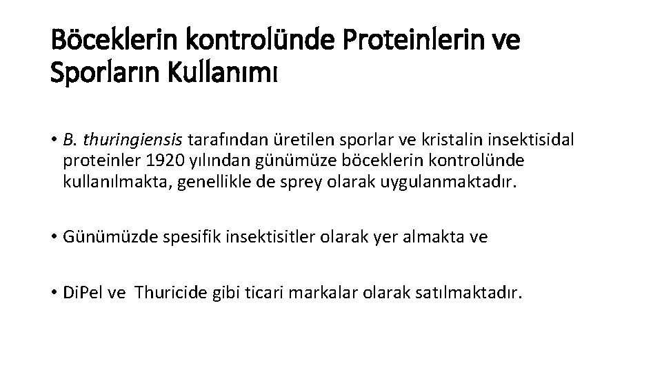 Böceklerin kontrolünde Proteinlerin ve Sporların Kullanımı • B. thuringiensis tarafından üretilen sporlar ve kristalin