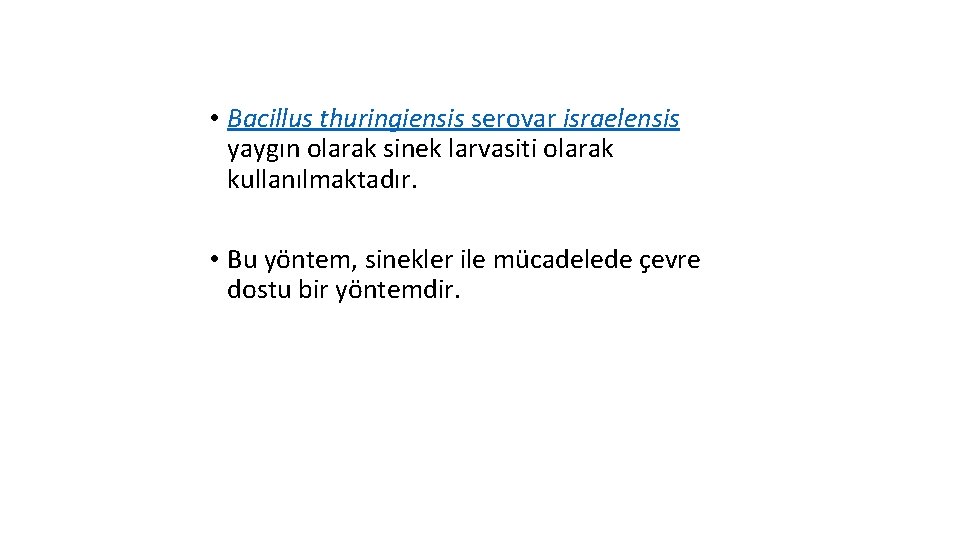  • Bacillus thuringiensis serovar israelensis yaygın olarak sinek larvasiti olarak kullanılmaktadır. • Bu