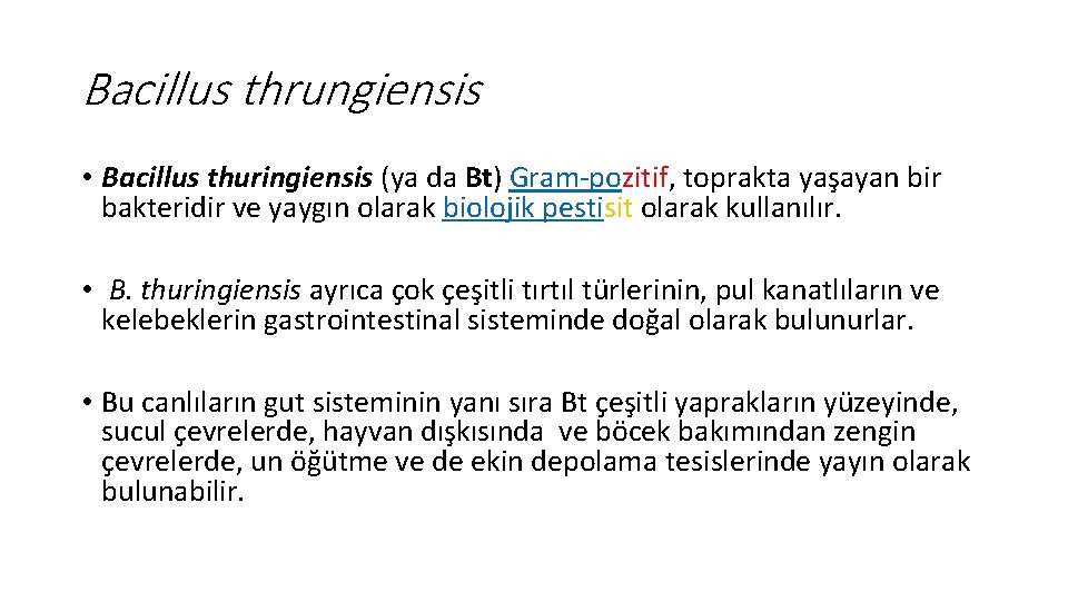 Bacillus thrungiensis • Bacillus thuringiensis (ya da Bt) Gram-pozitif, toprakta yaşayan bir bakteridir ve
