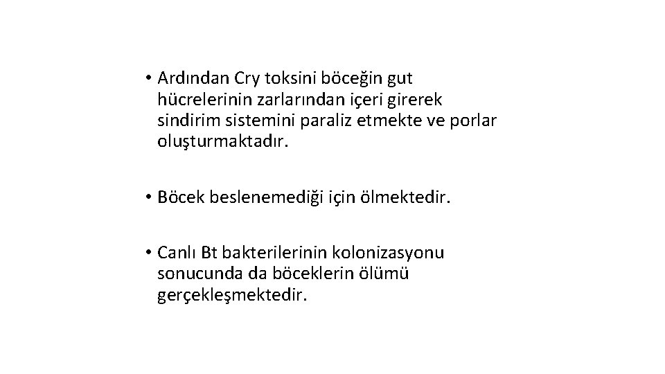  • Ardından Cry toksini böceğin gut hücrelerinin zarlarından içeri girerek sindirim sistemini paraliz