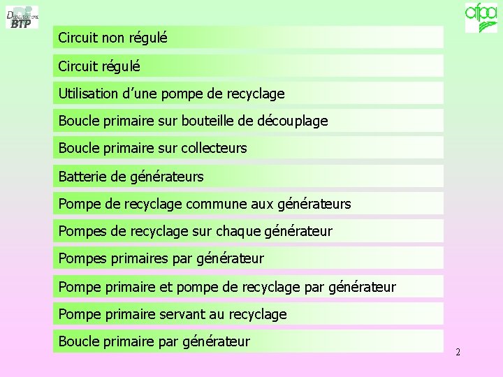 Circuit non régulé Circuit régulé Utilisation d’une pompe de recyclage Boucle primaire sur bouteille