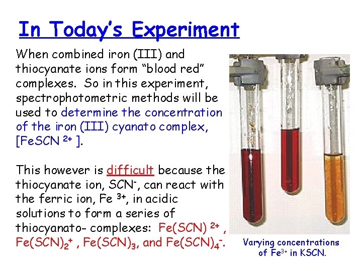 In Today’s Experiment When combined iron (III) and thiocyanate ions form “blood red” complexes.