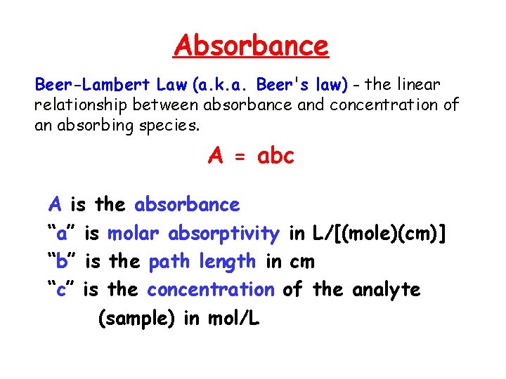 Absorbance Beer-Lambert Law (a. k. a. Beer's law) - the linear relationship between absorbance