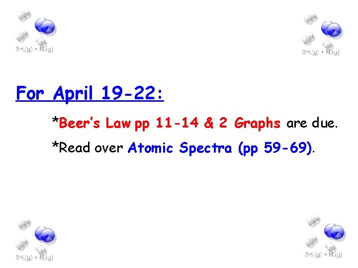 For April 19 -22: *Beer’s Law pp 11 -14 & 2 Graphs are due.
