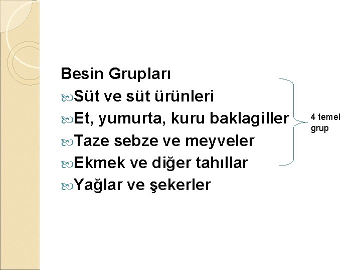 Besin Grupları Süt ve süt ürünleri Et, yumurta, kuru baklagiller Taze sebze ve meyveler