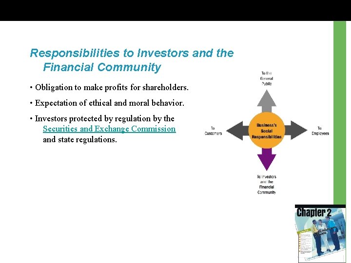 Responsibilities to Investors and the Financial Community • Obligation to make profits for shareholders.