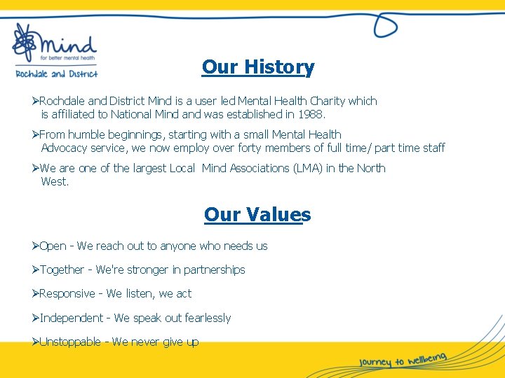 Our History ØRochdale and District Mind is a user led Mental Health Charity which