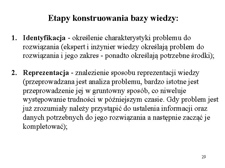 Etapy konstruowania bazy wiedzy: 1. Identyfikacja - określenie charakterystyki problemu do rozwiązania (ekspert i