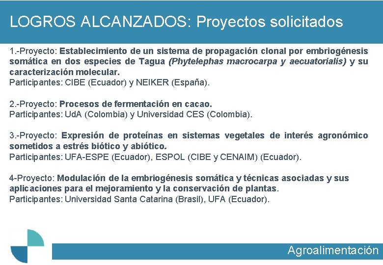 LOGROS ALCANZADOS: Proyectos solicitados 1. -Proyecto: Establecimiento de un sistema de propagación clonal por