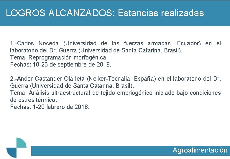 LOGROS ALCANZADOS: Estancias realizadas 1. -Carlos Noceda (Universidad de las fuerzas armadas, Ecuador) en