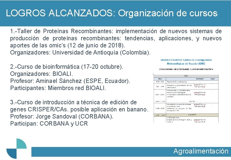 LOGROS ALCANZADOS: Organización de cursos 1. -Taller de Proteínas Recombinantes: implementación de nuevos sistemas