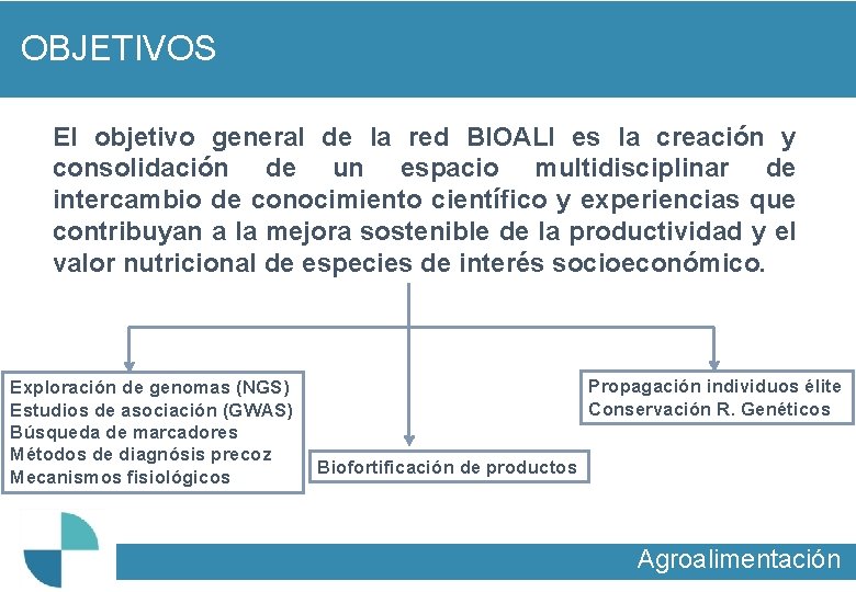 OBJETIVOS El objetivo general de la red BIOALI es la creación y consolidación de