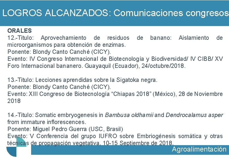 LOGROS ALCANZADOS: Comunicaciones congresos ORALES 12. -Titulo: Aprovechamiento de residuos de banano: Aislamiento de