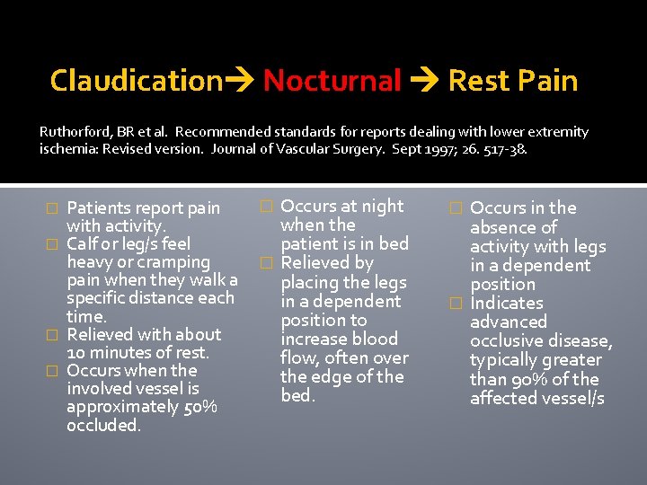 Claudication Nocturnal Rest Pain Ruthorford, BR et al. Recommended standards for reports dealing with
