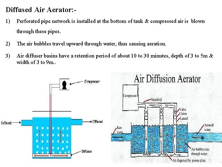 Diffused Air Aerator: 1) Perforated pipe network is installed at the bottom of tank