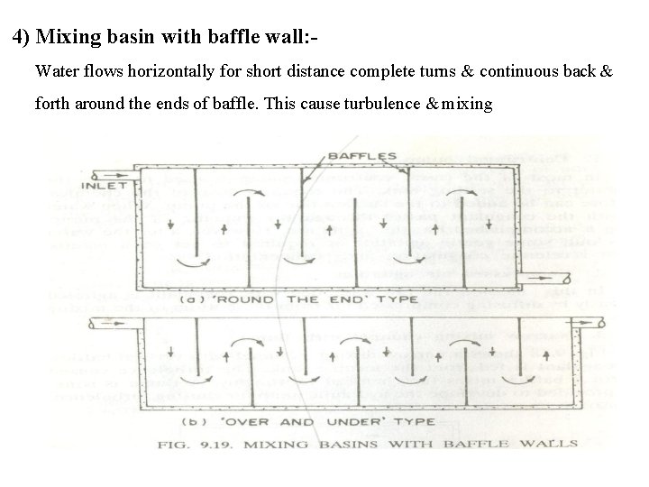 4) Mixing basin with baffle wall: Water flows horizontally for short distance complete turns