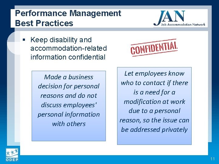 Performance Management Best Practices § Keep disability and accommodation-related information confidential Made a business