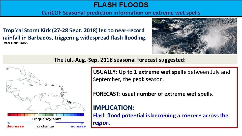 FLASH FLOODS Cari. COF Seasonal prediction information on extreme wet spells Tropical Storm Kirk
